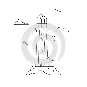 Line art vector of lighthouse building with natural landscape. Linear lighthouse marine and ocean theme seaside