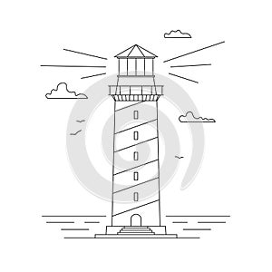 Line art vector of lighthouse building with natural landscape. Linear lighthouse marine and ocean theme seaside