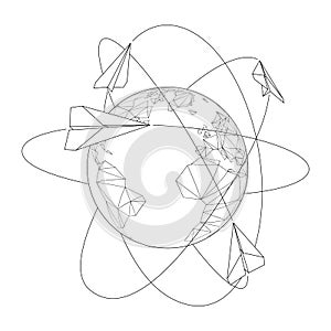 Line art vector of paper planes flying around Planet Earth depicting globality