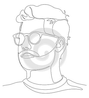Line art portrait of handsome young bearded man with glasses and shirt.
