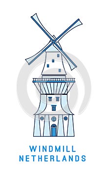 Line art windmill isolated on white background, Netherlands symbol, vector illustration in flat style.