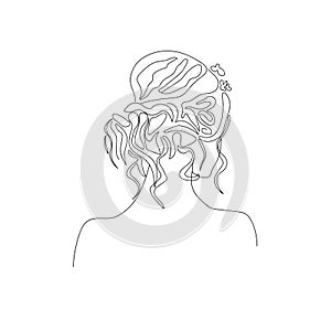 Line art woman bridal hairstyle, continuous line hand drawing of minimalistic profile, vector illustration for feminine art design