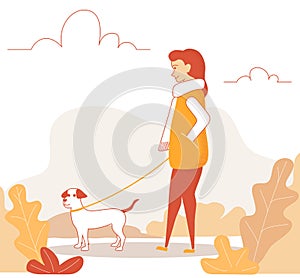 Line art woman character walking with cute dog. Girl walking in autumn park with her dog. Vector illustration in a flat style