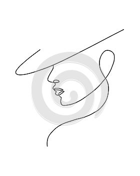 Line art woman face in a hat vector in one line art style. Line art in elegant style for posters, prints, tattoos, wall