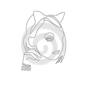 Line art woman face portrait, continuous line hand drawing of fashion girl in cats ears, minimalistic vector illustration for