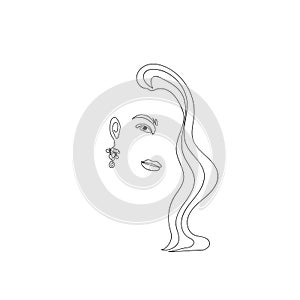 Line art woman face portrait, continuous line hand drawing of fashion girl with long hair and stylish earring, minimalistic vector
