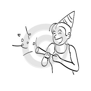 Line art woman playing paper popper with hat on head to celebrate illustration vector hand drawn isolated on white background