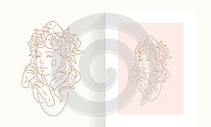 Line art woman portrait with blossom flower hairstyle bird touching face by hands artwork logo card