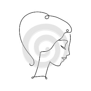 Line art woman portrait, romantic profile portrait with bun classic hairstyle. Simple logo for beauty salon.