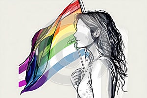 Line art of woman with rainbow flag to support LGBTQIA+ community