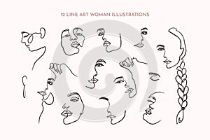 Line Art Woman's Face set. Continuous line Portrait of a girl In a Modern Minimalist Style. Vector Illustration