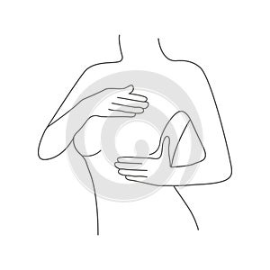 Line art woman self checking for Breast Cancer. Vector female outline silhouette examining breast on white background.