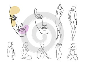 Line art woman silhouette vector set. Female faces and different figure poses in modern simple linear style. Girl body