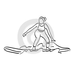 Line art woman in sportswear standing on surf board illustration vector hand drawn isolated on white background