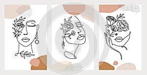 Line art women faces with flowers. Social media cover templates collection for posts, stories or banners