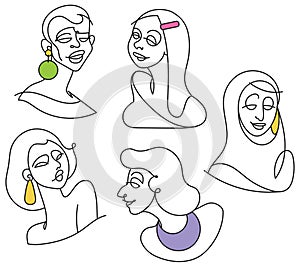 Line art women portraits with jewelry