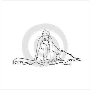 Line art young woman surfboarding on the sea illustration vector hand drawn isolated on white background