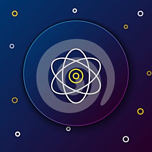 Line Atom icon isolated on blue background. Symbol of science, education, nuclear physics, scientific research