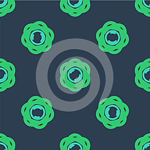 Line Atom icon isolated seamless pattern on blue background. Symbol of science, education, nuclear physics, scientific