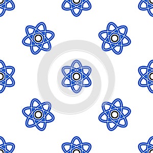 Line Atom icon isolated seamless pattern on white background. Symbol of science, education, nuclear physics, scientific