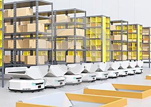 Line of  Autonomous Mobile Robots in modern warehouse