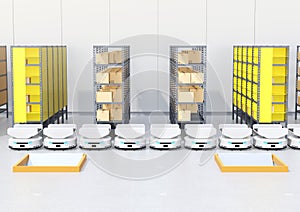 Line of  Autonomous Mobile Robots in modern warehouse