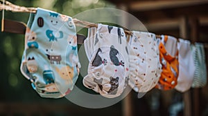 A line of baby bibs hanging on a clothes line. Generative AI image.