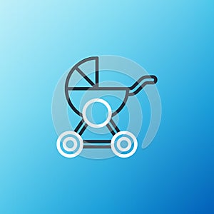 Line Baby stroller icon isolated on blue background. Baby carriage, buggy, pram, stroller, wheel. Colorful outline