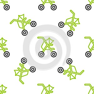 Line Baby stroller icon isolated seamless pattern on white background. Baby carriage, buggy, pram, stroller, wheel