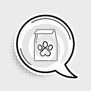 Line Bag of food for pet icon isolated on grey background. Food for animals. Pet food package. Dog or cat paw print