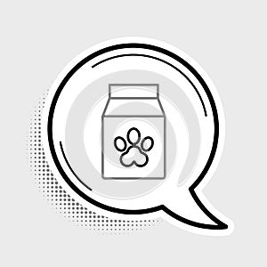 Line Bag of food for pet icon isolated on grey background. Food for animals. Pet food package. Dog or cat paw print