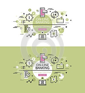 On-line banking. Flat line color hero images and hero banners de