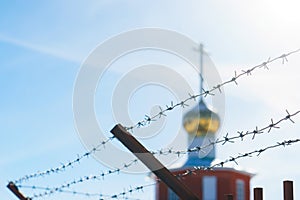 Line barbed wire. focus with shallow depth of field. close-up