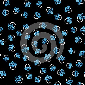 Line Bee and honeycomb icon isolated seamless pattern on black background. Honey cells. Honeybee or apis with wings