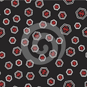 Line Bee and honeycomb icon isolated seamless pattern on black background. Honey cells. Honeybee or apis with wings