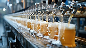 A line of beer being poured into glasses at a bar, AI