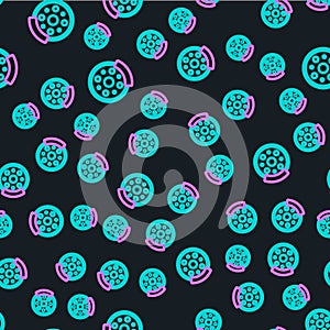 Line Bicycle brake disc icon isolated seamless pattern on black background. Vector