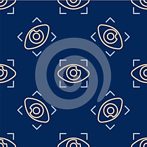 Line Big brother electronic eye icon isolated seamless pattern on blue background. Global surveillance technology