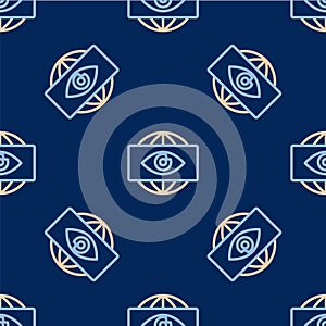 Line Big brother electronic eye icon isolated seamless pattern on blue background. Global surveillance technology