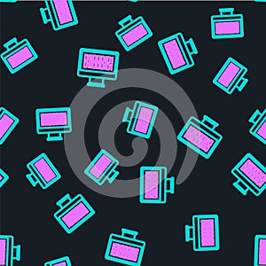 Line Binary code icon isolated seamless pattern on black background. Vector