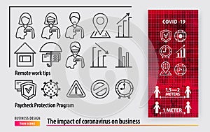 Line black icons. Business support during the coronavirus epidemic. Remote work tips. Paycheck protection program. Keep distance 1