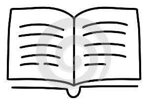 line black logo icon of open book showing lines on pages. Concept of reading, learning, writing book logo. Illustration
