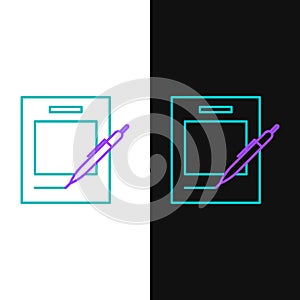 Line Blank notebook and pen icon isolated on white and black background. Paper and pen. Colorful outline concept. Vector