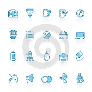 Line with blue background Camera equipment and photography icons