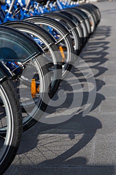 Line of blue bicycles