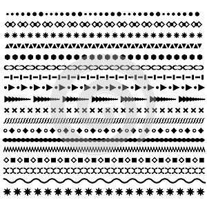 Line border, geometric, dotted vector dividers set. Trendy hipster style brushes