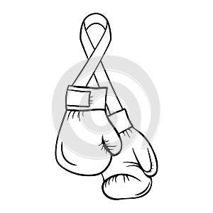 Line boxing gloves with ribbon. Breast cancer icon isolated on white in outline style