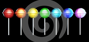 Line of brightly colored lollipops. Candies on stick in a row isolated on black. 3D illustration