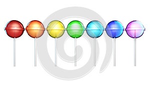 Line of brightly colored lollipops. Candies on stick in a row isolated on white background. 3D illustration