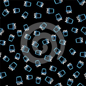 Line Bucket with soap suds icon isolated seamless pattern on black background. Bowl with water. Washing clothes